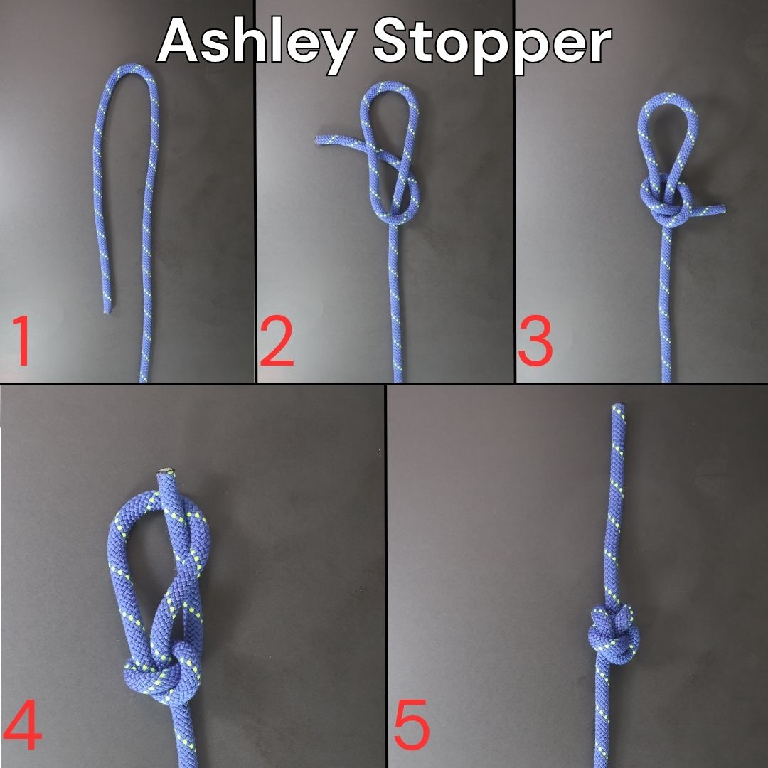 How to tie the Ashley Stopper knot (oysterman's stopper), step-by-step diagram showing the complete tying process