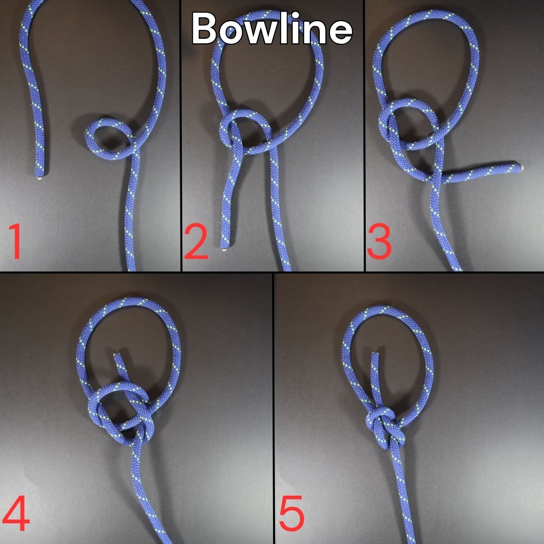 How to tie a Bowline knot, step-by-step diagram showing the complete tying process