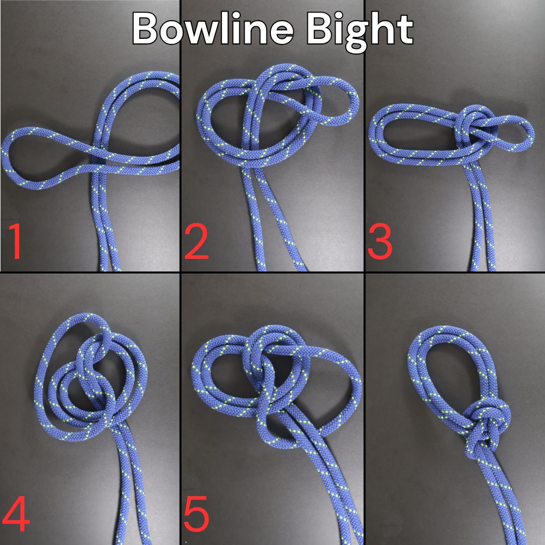 How to tie bowline on a bight, step-by-step diagram showing the complete tying process