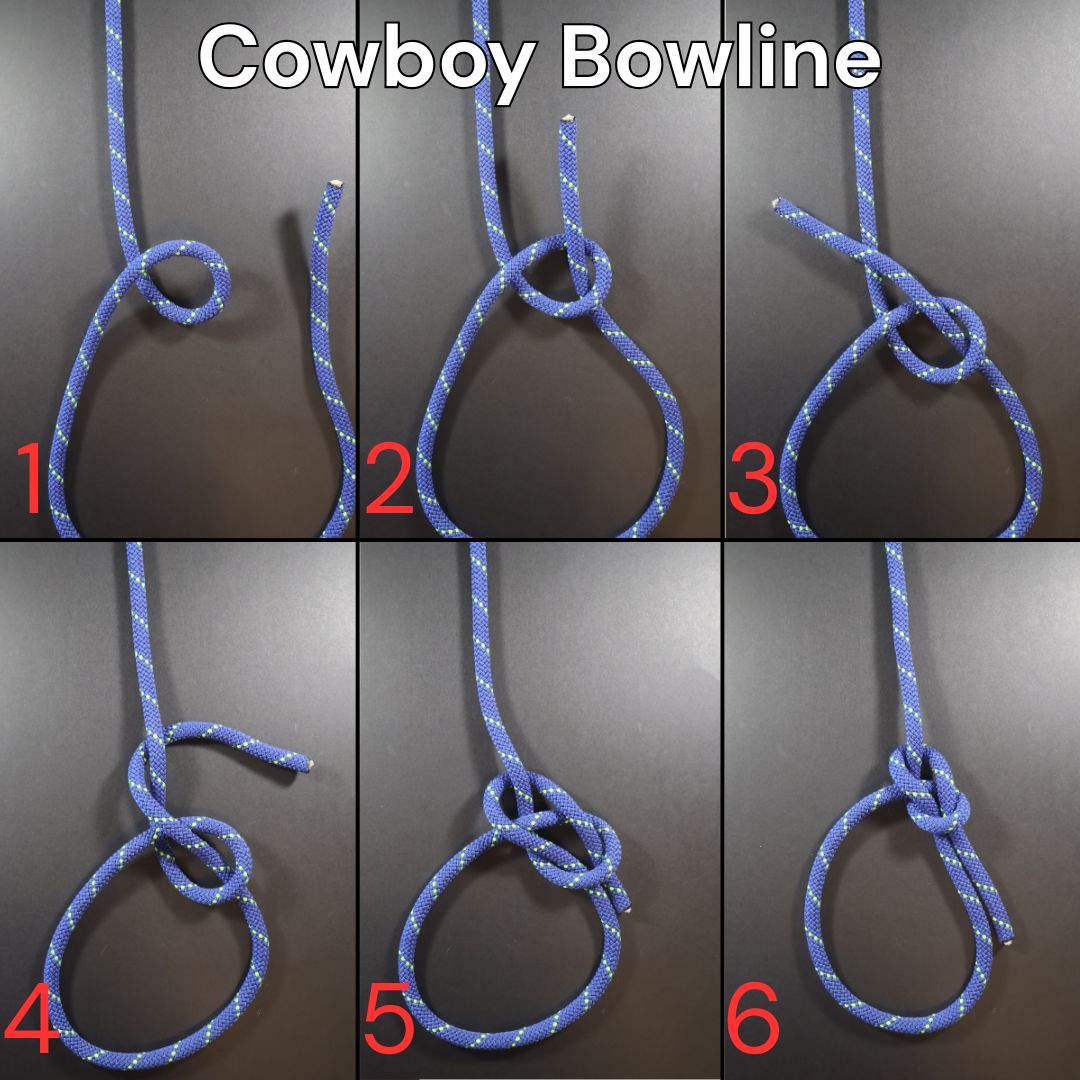How to tie a Cowboy Bowline knot, step-by-step diagram showing the complete tying process