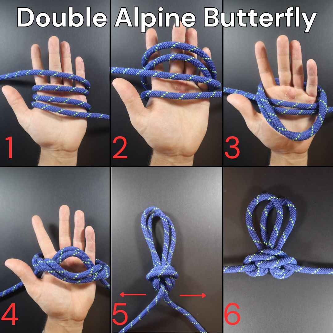 How to tie a Double Alpine Butterfly Loop knot, step-by-step diagram showing the complete tying process