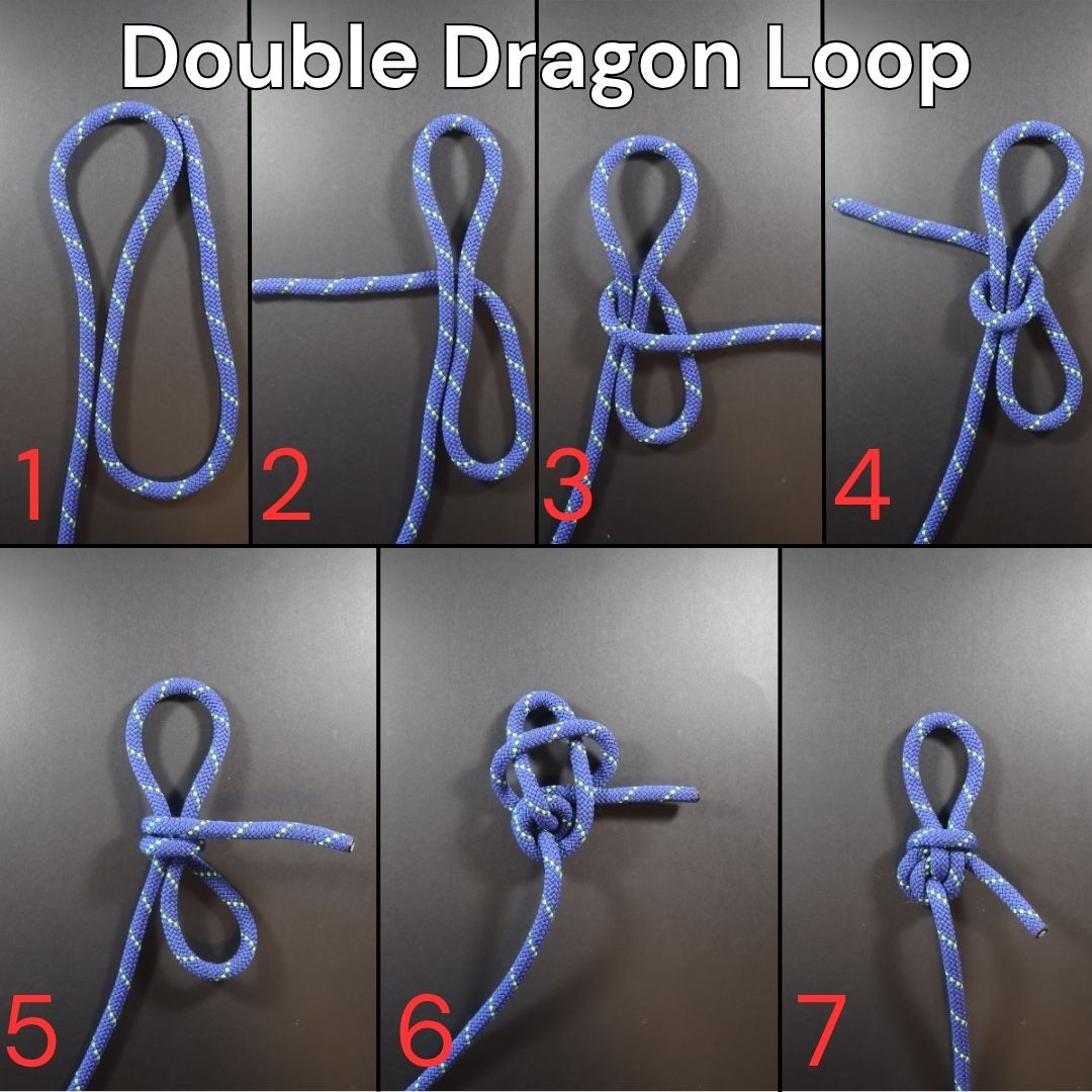 How to tie a Double Dragon Loop knot, step-by-step diagram showing the complete tying process