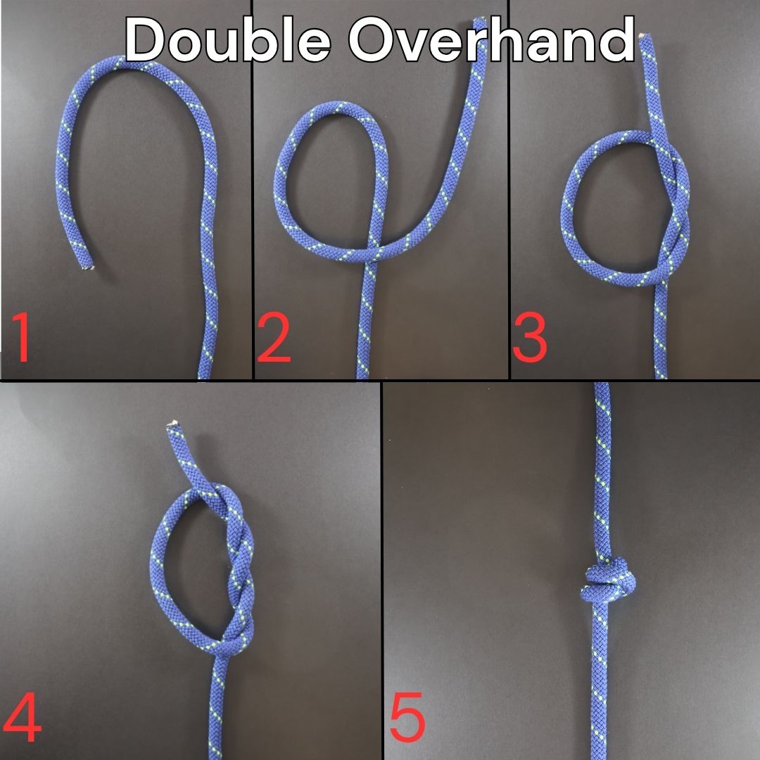How to tie a Double Overhand Stopper knot, step-by-step diagram showing the complete tying process