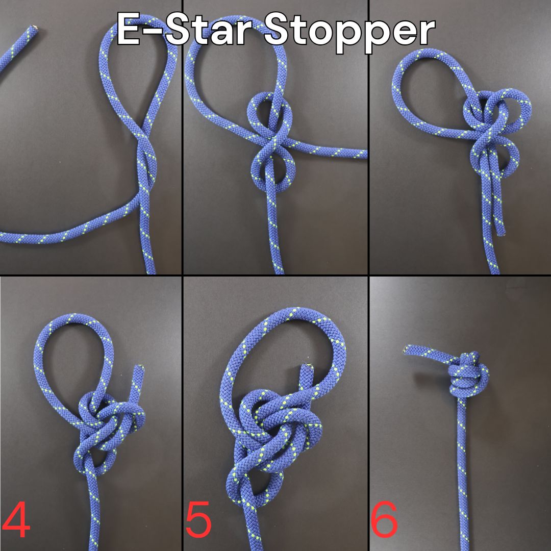 How to tie the E-Star Stopper Knot, step-by-step diagram showing the complete tying process