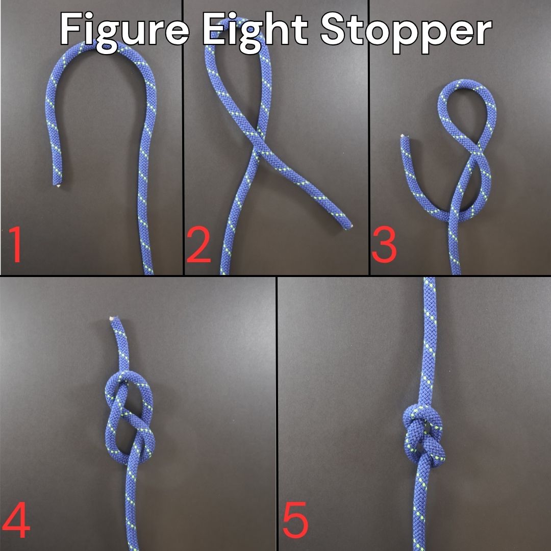 How to tie a Figure Eight Stopper knot, step-by-step diagram showing the complete tying process