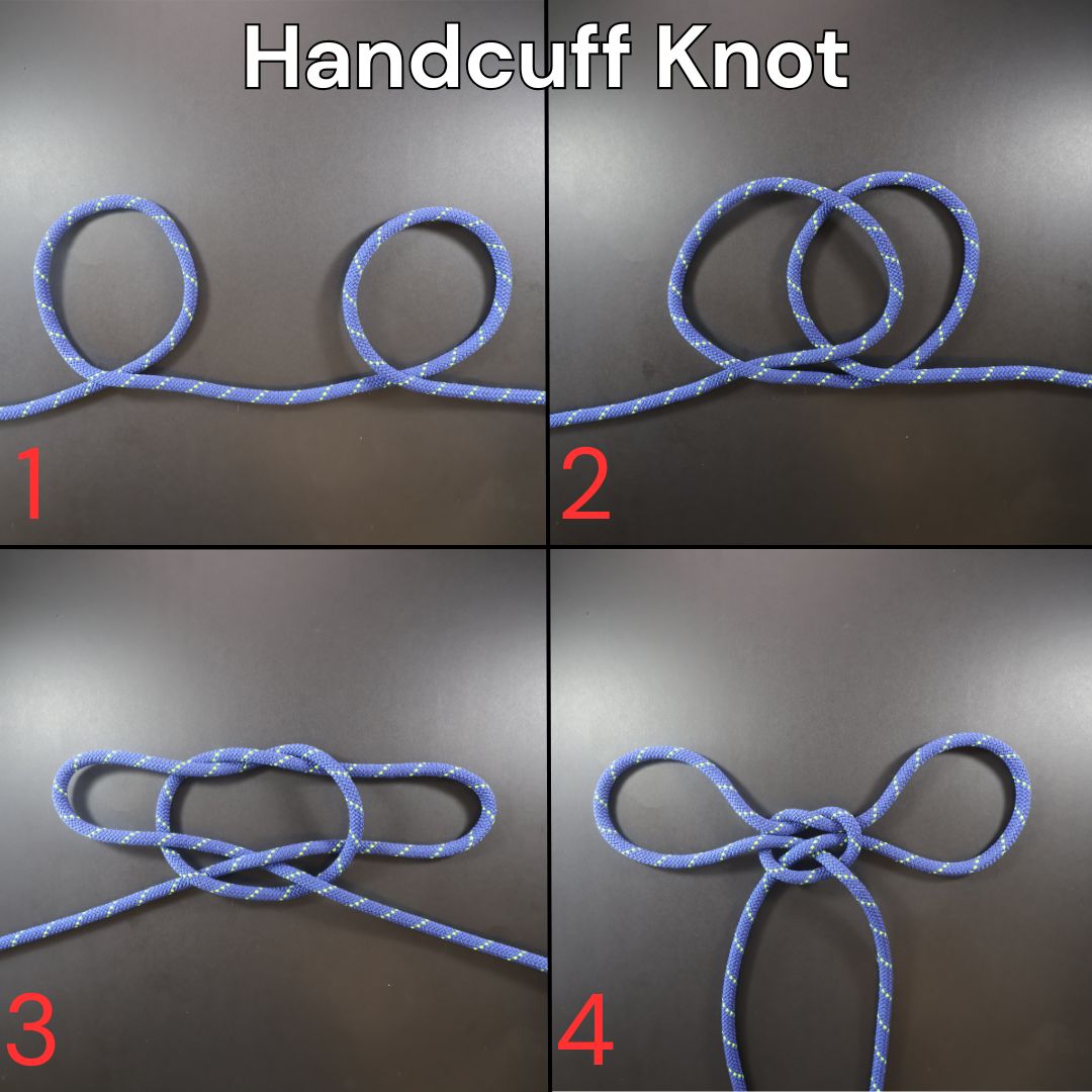 How to tie the Handcuff knot, step-by-step diagram showing the complete tying process