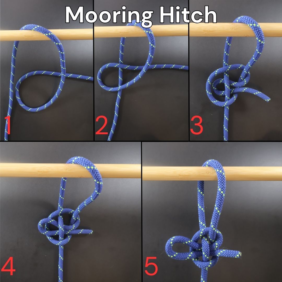 How to tie a Mooring Hitch knot, step-by-step diagram showing the complete tying process