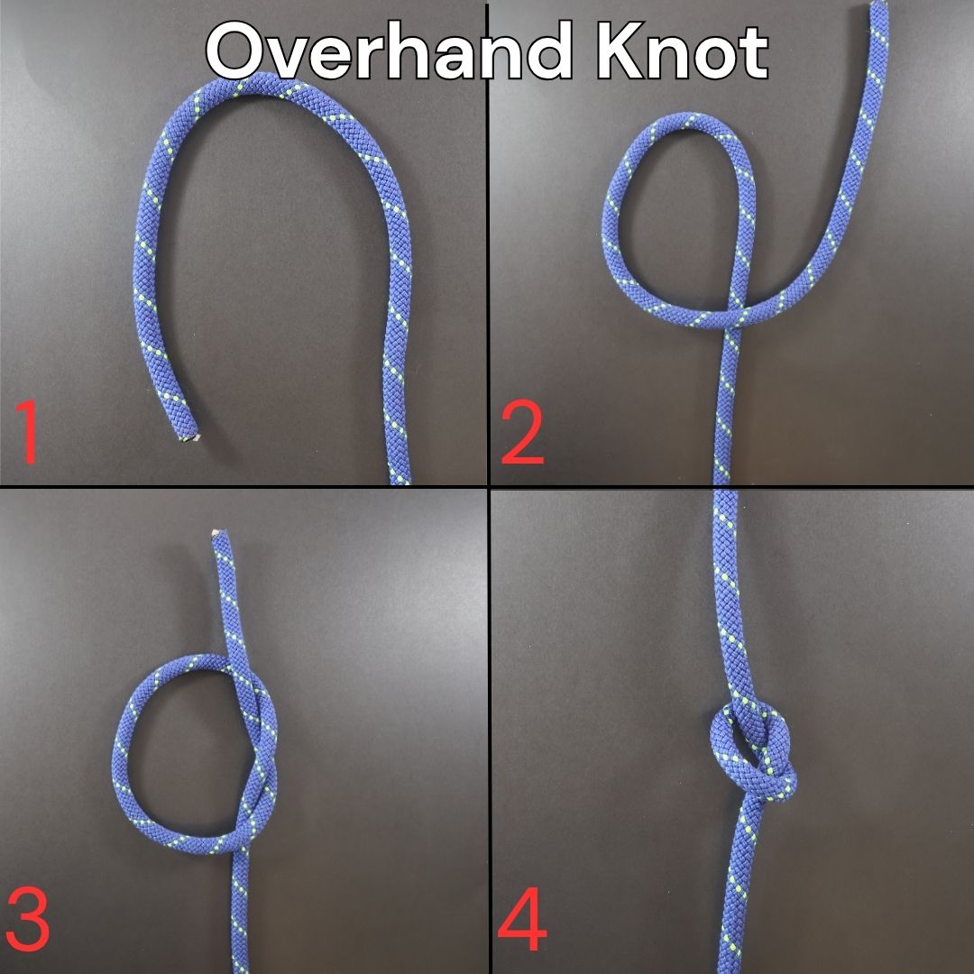 How to tie an overhand knot, step-by-step diagram showing the complete tying process