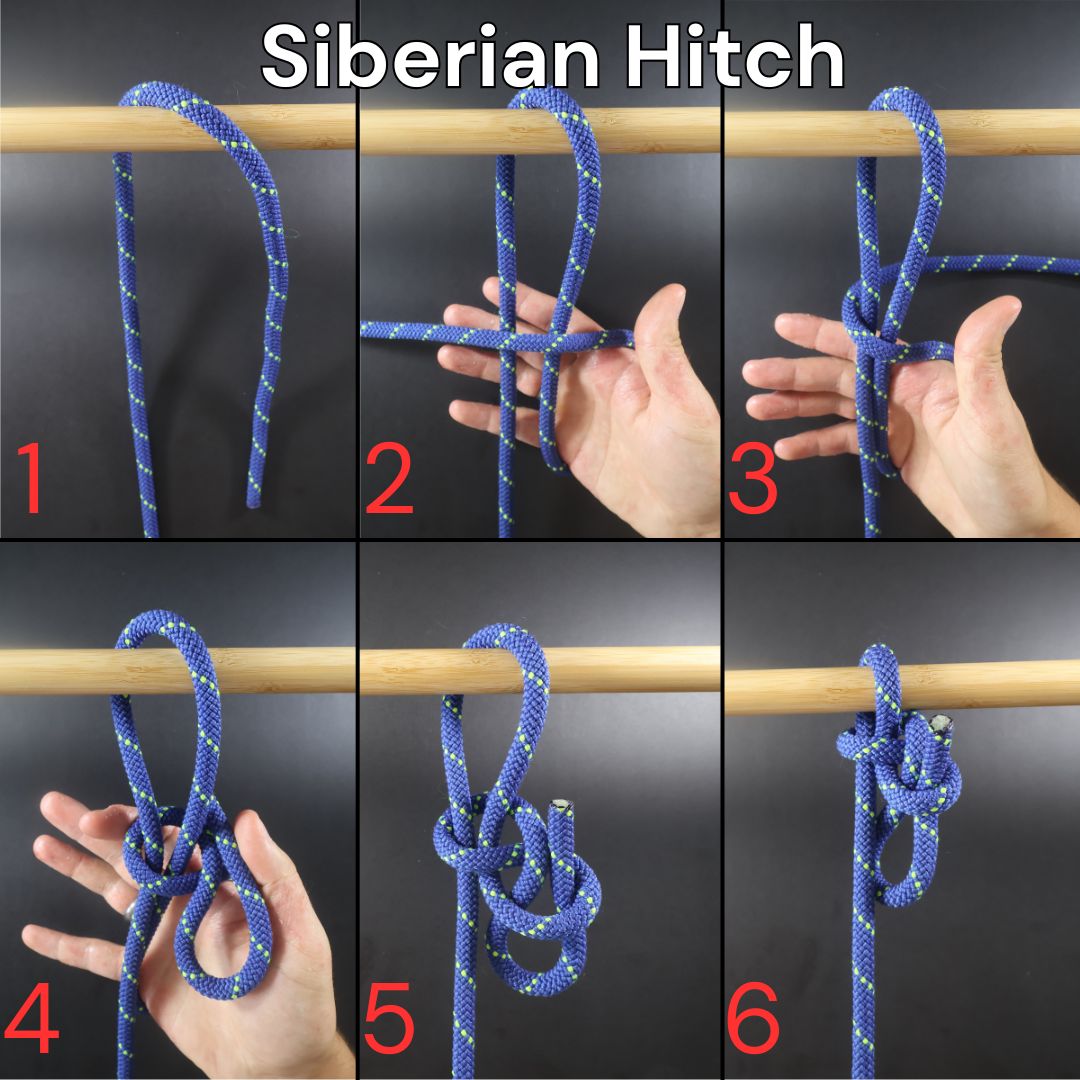 How to tie a Siberian Hitch knot, step-by-step diagram showing the complete tying process