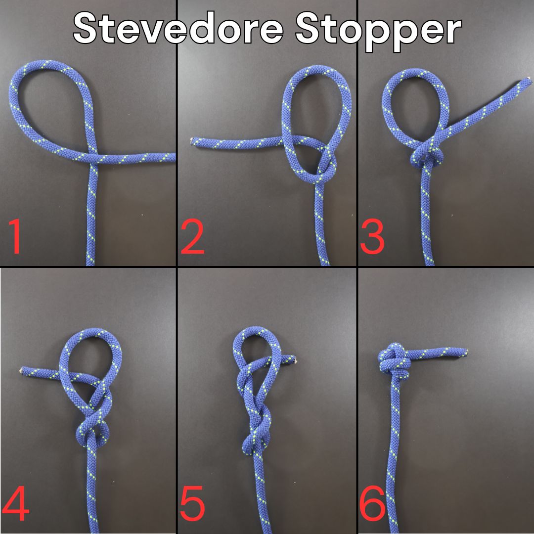 How to tie the Stevedore Stopper Knot, step-by-step diagram showing the complete tying process
