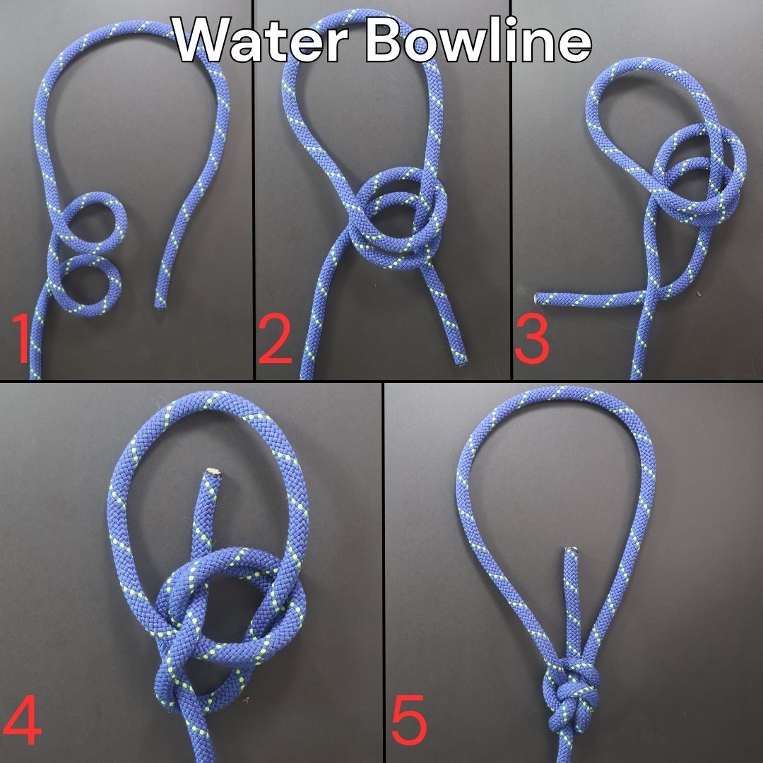 How to tie a Water Bowline (Double Bowline) knot, step-by-step diagram showing the complete tying process