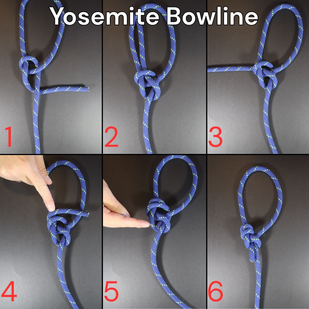 How to tie a Yosemite Bowline knot, step-by-step diagram showing the complete tying process
